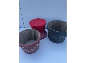 2 Wood Christmas Buckets And Decorative Hat