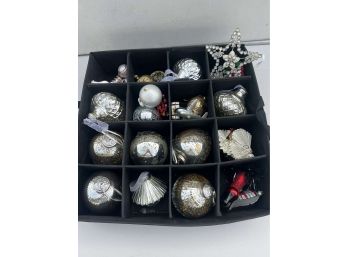 Tray Of Christmas Ornaments - Silver Balls, Shoes, Birds, Clocks, Lauschaer