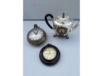 Three Decorative Clocks - Teapot, Large Pocket Watch, Quartz