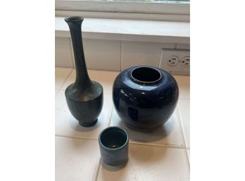 3 Vintage Vases - One Metal 2 Ceramic - Whitefish Pottery, Japan  - 1