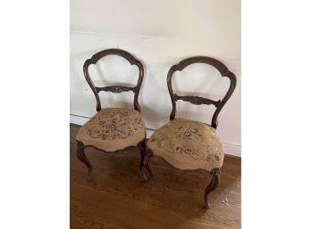 Pair Of Antique Balloon Back Wood And Upholstery Hall Chairs