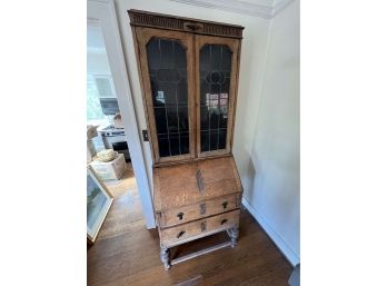 Antique Pine Secretaire With Leaded Glass - Drawers Need Work (not In Track)