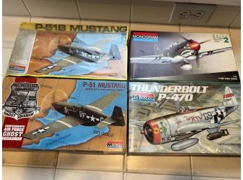 8- 4 X Monogram Model Airplanes - P-51 Mustang, Thunderbolt, Tiger Shark, P-51B