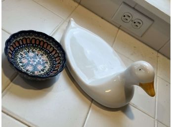 Hand Painted Unicat Polish Bowl And Mid Century Duck - 14