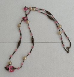 Vintage Pink Crystal And Faux Pearl Filigree Necklace (C-19)
