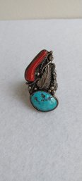 Sterling, Turquoise And Coral Cadman Ring (E-12)