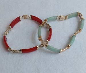 Pair Of 14K Jade/Carnelian Bracelets (T-8)
