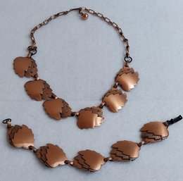 Mid-century 3 Layered Copper Leaf Necklace And Bracelet (E-34)