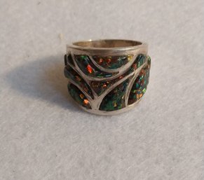 Reynetsa Leland Zuni Fire Opal Inlaid Sectional Sterling Ring  (P-13)