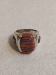 Reynetsa Leland Zuni Fire Opal Inlaid Sectional Sterling Ring  (EP13)