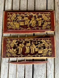 (2) Old Wooden Asian Panel Reliefs (P-4)