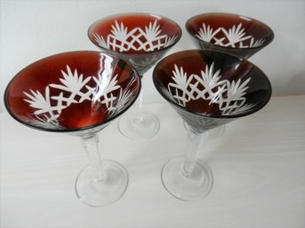 4 X Red Cut To Clear Glass Martini Glasses    D2