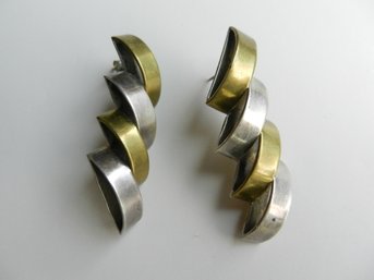 Vintage Mexico Laton Heavy Sterling Silver And Brass Modernist Earrings  (DL4)