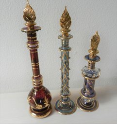3 Egyptian Blown Glass Perfume Bottles With Glass Stoppers And Gold Detail    D11