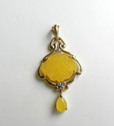 Vintage 10k Gold Yellow Jadeite And Diamond Pendant  (DT35)