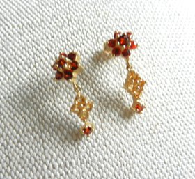 Vintage 14k Gold Dangle Earrings With Garnet And Citrines  (DT48)