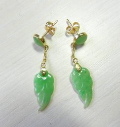 Vintage 14k Gold Dangle Jadeite Leaf Earrings  (DT49)