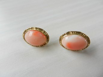 Vintage 14k Gold And Coral Oval Earrings   (DT60)