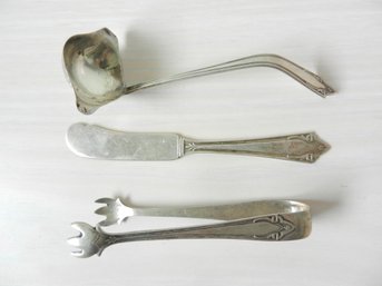 3 Antique Manchester Sterling Silver Pieces  Sugar Tongs, Sauce Ladle, Butter Knife   (D23)