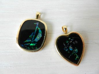 Two 14k Gold Rimmed Pendants With Onyx And Inlaid Opal   (D34)