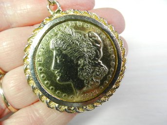 Vintage Gold Plated 1921 Morgan Dollar Mounted With Chain  (DL18)