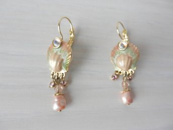Vintage Kirks Folly Shell, AB And Pearl Pierced Earrings  (DT9)