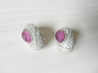 Vintage Judith Ripka Pave Rhinestone And Pink Stone Stud Earrings  (DT16)