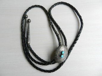 Vintage Sterling Silver And Turquoise Oval And Tips On Braided Leather   (DP2)