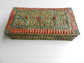 Vintage Brass Box With Coral And Turquoise Inlay  All Stones Present   (DP4)