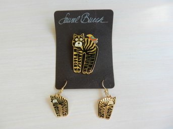 Vintage Laurel Burch Black And Gold Metal Enamel Jungle Cat Brooch And Earrings  (DE7)