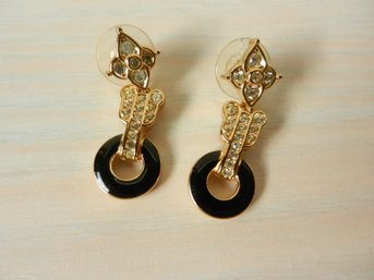 Vintage Christian Dior Black Enamel Gold Tone Rhinestone Dangle Pierced Earrings  (DT48)