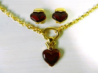 Vintage Pierre Cardin Gold Chain Heart Pendant Necklace And Clip Earrings   (DT4)