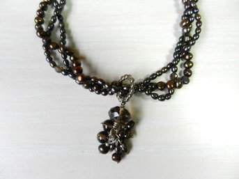 Vintage Sterling Silver Clasp Dark Pearl Twisted 3 Strand Necklace   (DT13)