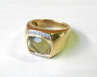 Vintage 14k Gold Ring With Faceted Citrine And Diamond Shoulders  (DP16)