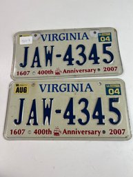 Jb7-8 Pair Of Matching Virginia License Plates