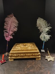 Regency Feathered Desk Pends & Gold Lidded Box