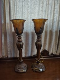 Amber Glass Shade Table Lamp Pair