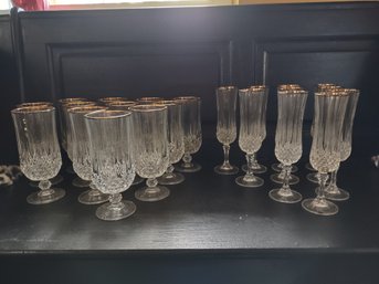 Gold Rimmed Cut Glass Goblets & Champagne Glasses Service For 10