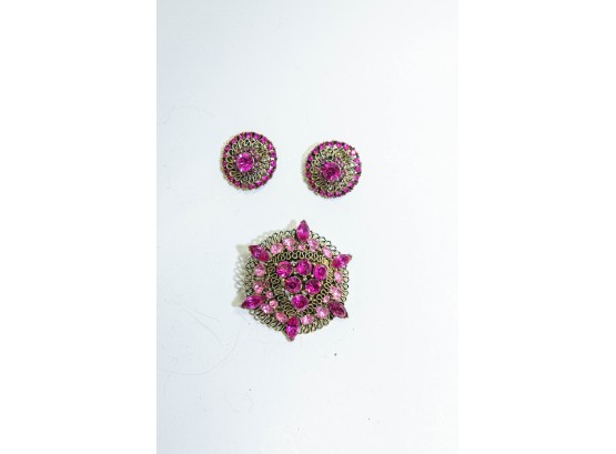 Vintage Pink Brooch And Earrings