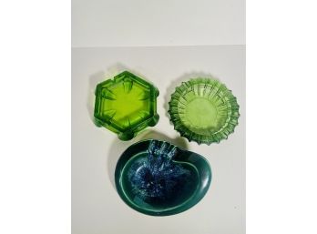 Ashtrays - Green Glass And Art Pottery
