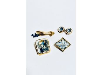 Lucite And Blue Brooches