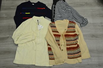 Clothing Lot K: LABO Art Tagged Corduroy Jacket, 2 Sweaters, 1 Blouse