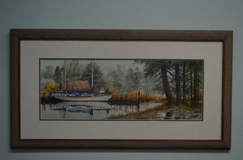 Boat On The River Framed Watercolor Signed By Artist Andrus