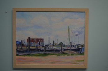 Boat Dock Canvas Painting Signed By Jerry Morris Hester 2008