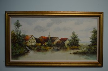 Town On River Framed Canvas Painting By Crombach