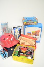 Basket Of Toys - Hotwheels, Wooden Train, Little League Helmet, Etc.