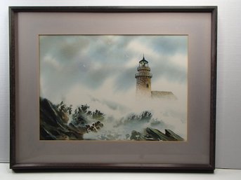 Vintage Lighthouse Ocean Scene Watercolor By Griffin '74