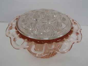 Laced Edge Pink Glass Flower Bowl With Glass Frog