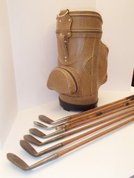 Antique Hickory Shaft Irons & Golf Bag Umbrella Stand