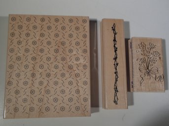 Flowered Wood Stamp- Lot Of Three